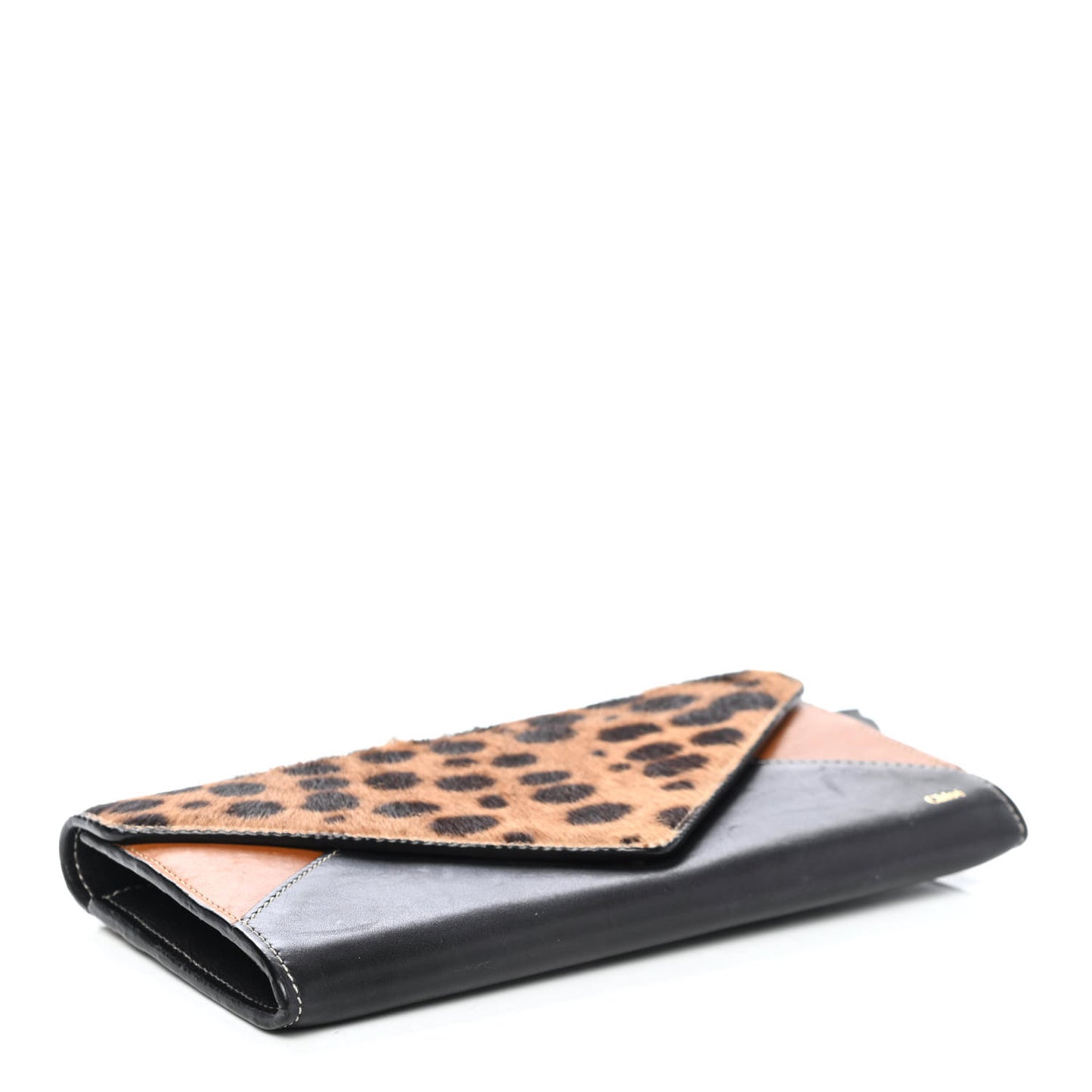 Calfskin Pony Hair Leopard Print Flap Long Wallet Black