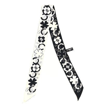 Chanel Silk Slim CC Clover Bandeau Scarf Black White 2 of 3