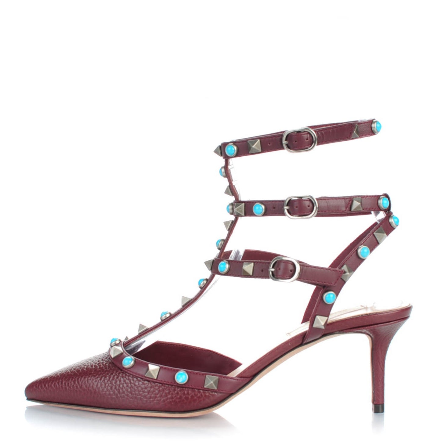 Pebbled Calfskin Turquoise Rockstud Rolling Ankle Strap 65mm Pumps 37.5 Rubin