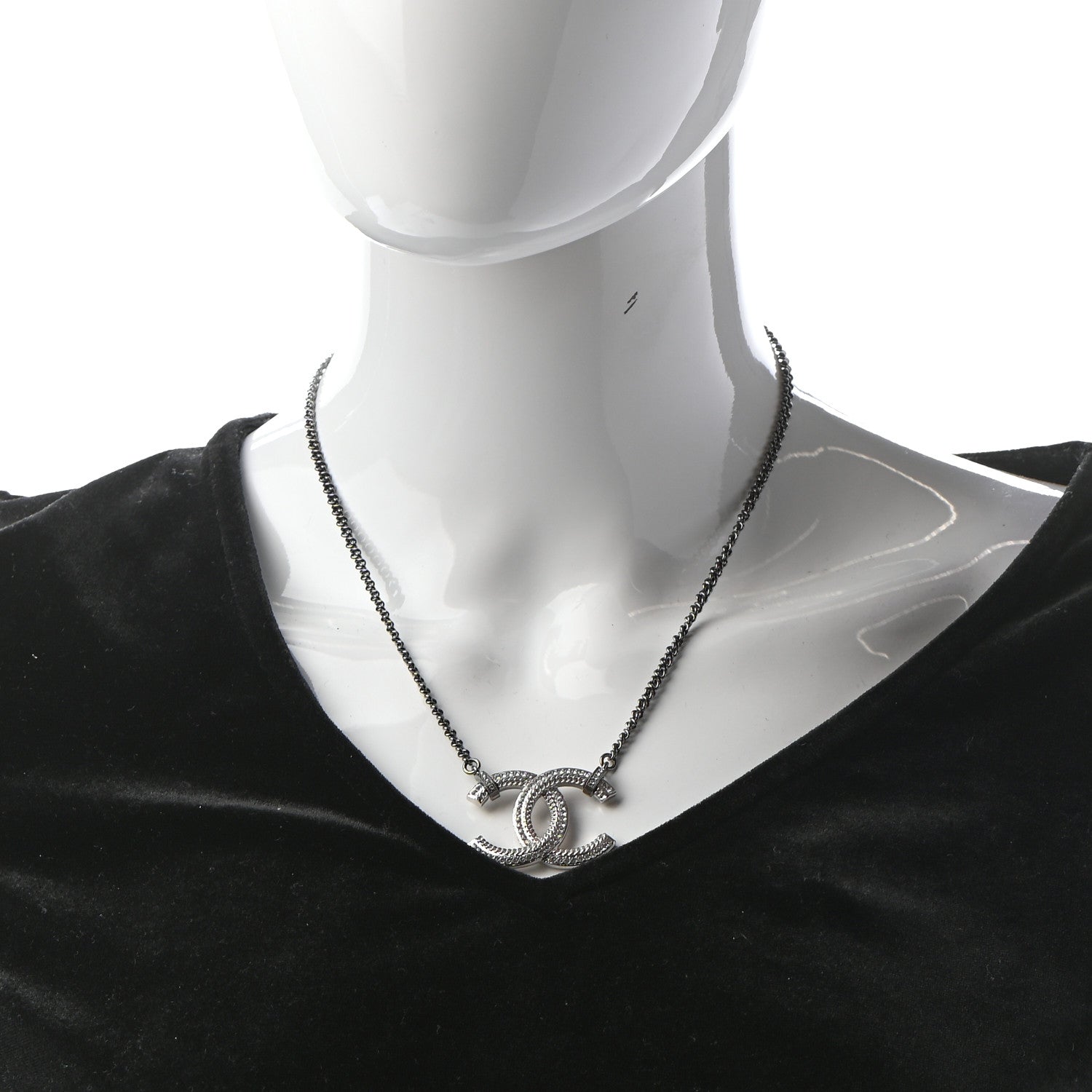 Chanel Crystal CC Pendant Necklace Silver 2 of 3