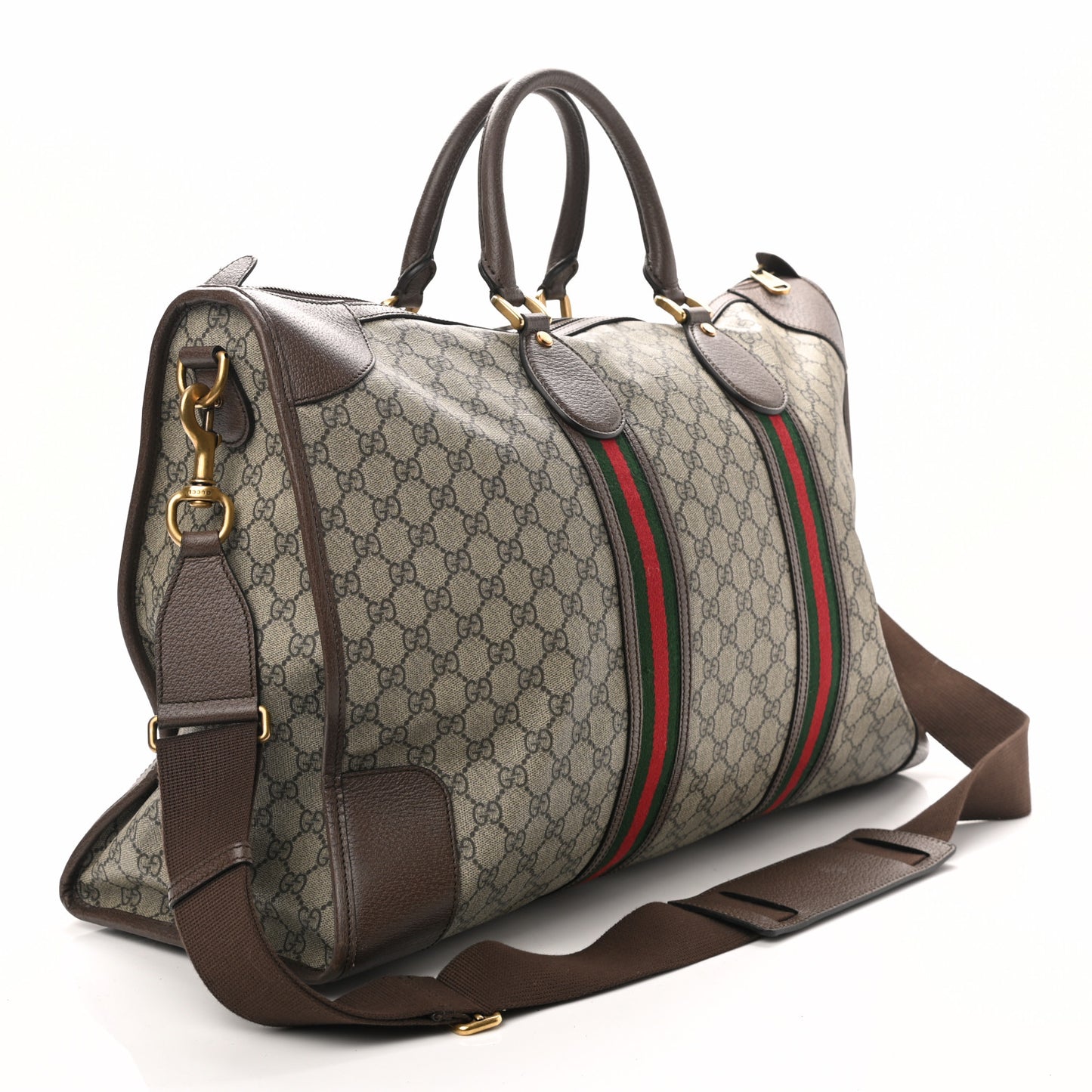 Soft GG Supreme Monogram Textured Dollar Calfskin Web Large Ophidia Carry-On Duffle Bag Beige Ebony New Acero