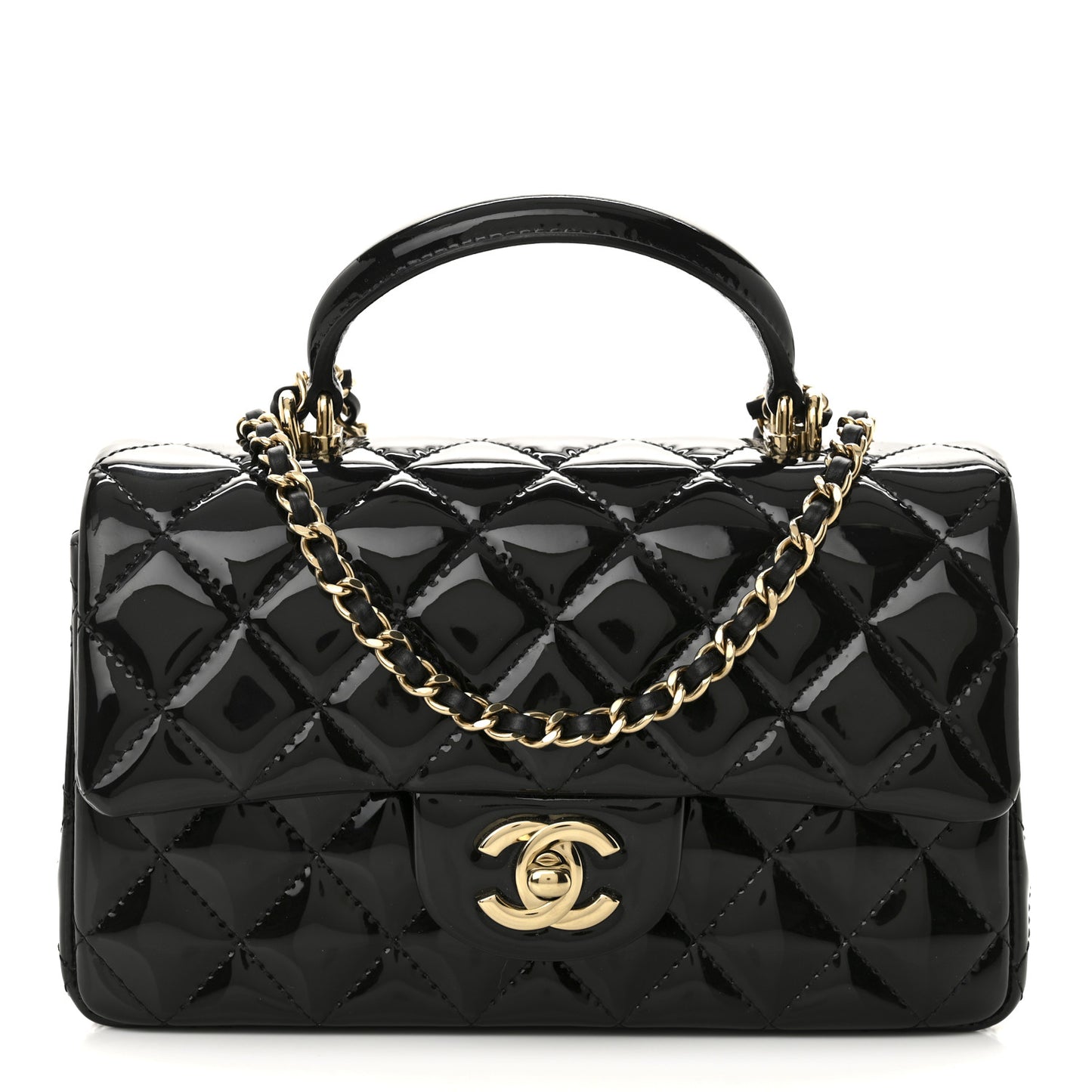 Patent Quilted Mini Top Handle Rectangular Flap Black