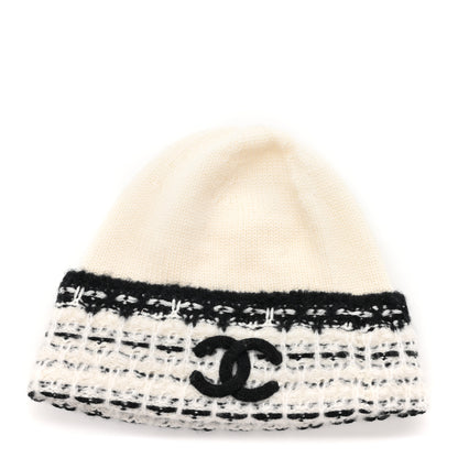 Chanel Wool Cashmere Stitched CC Beanie Hat Ivory Black 1 of 5