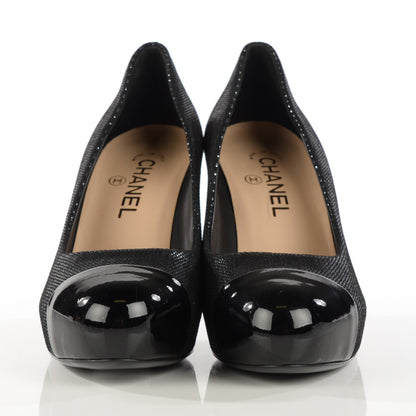 Chanel Iridescent Fabric Patent CC Patent Cap Toe Pumps 37.5 Black 2 of 8