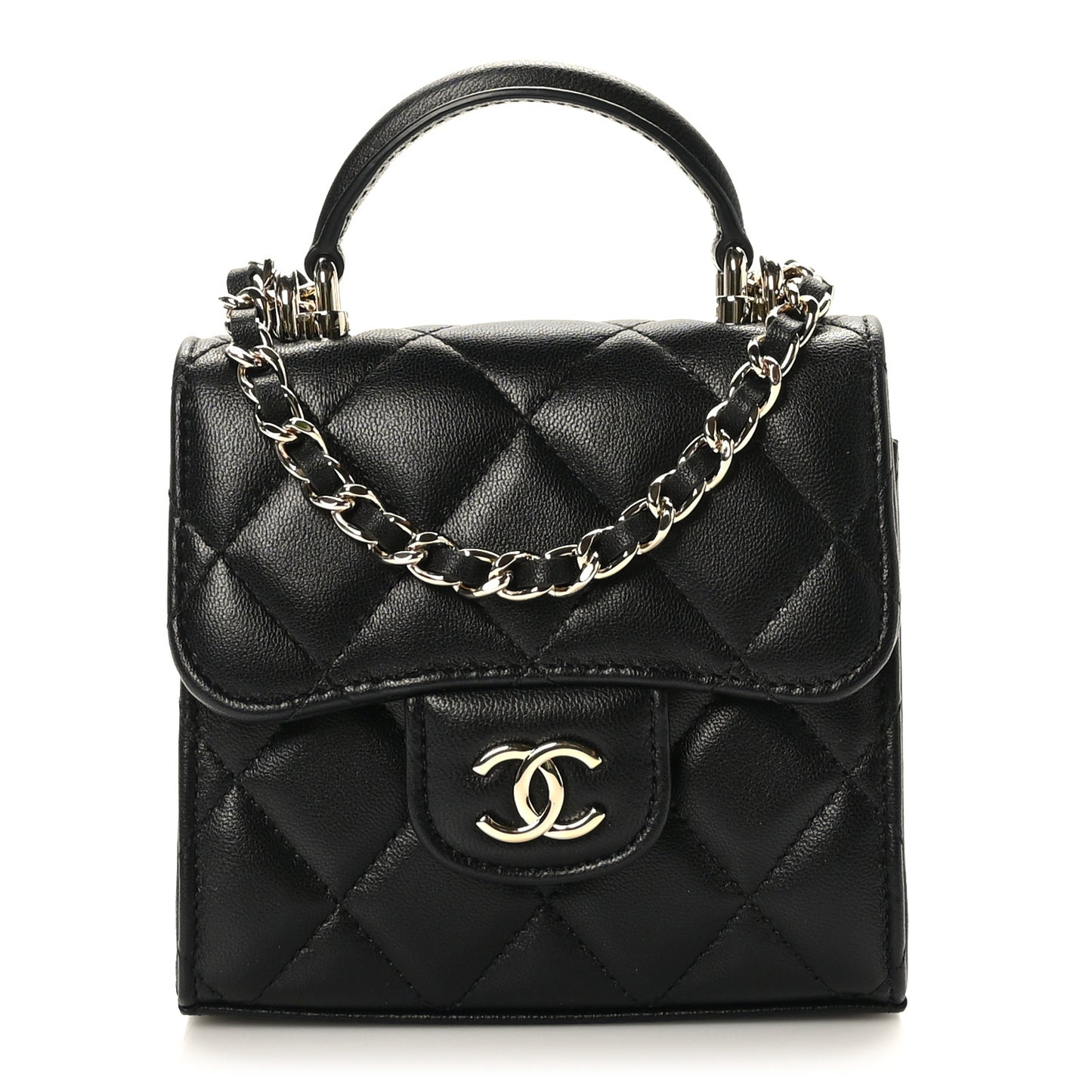 Lambskin Quilted Top Handle Flap Clutch With Chain Black