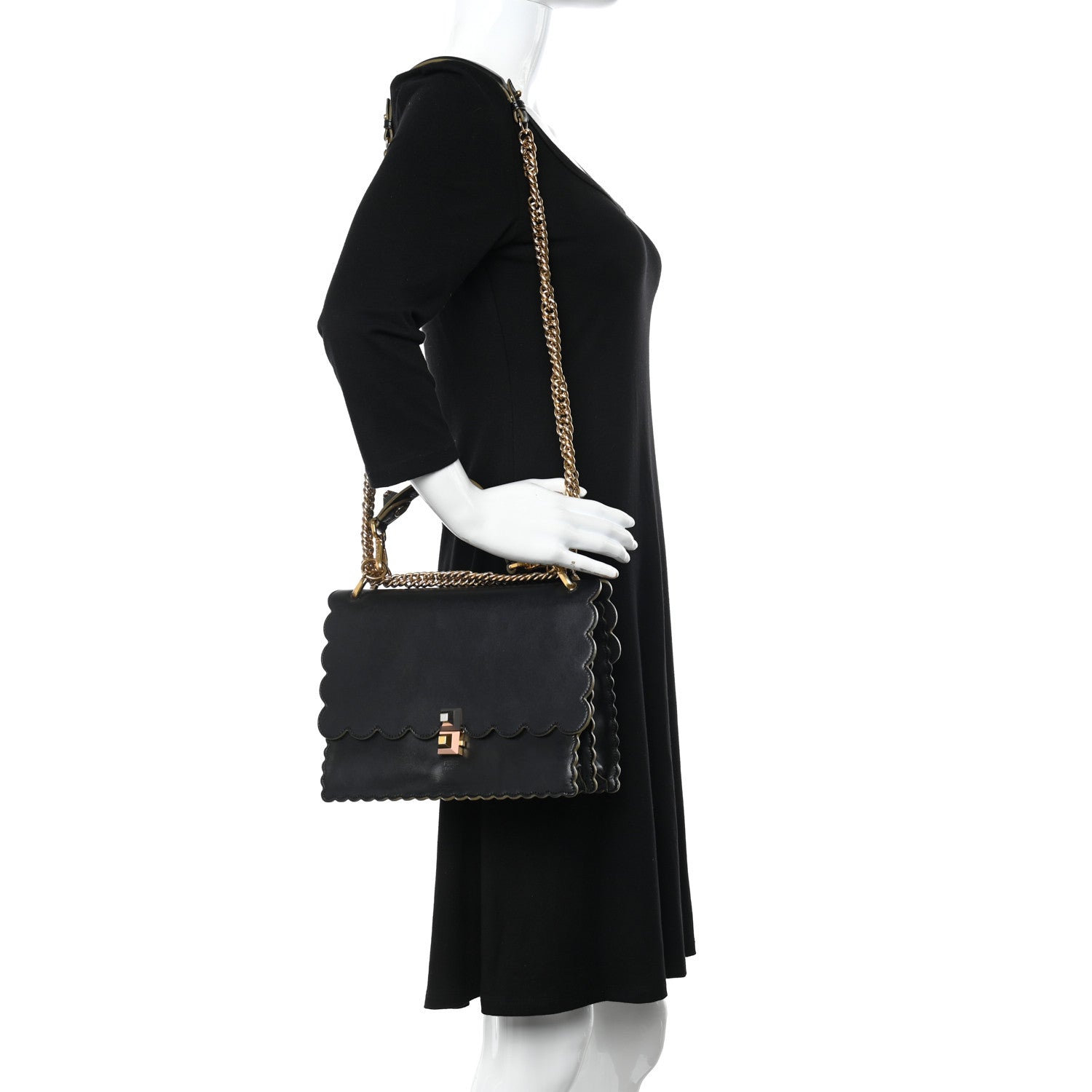Fendi Vitello Liberty Scalloped Studded Kan I Shoulder Bag Black 2 of 18