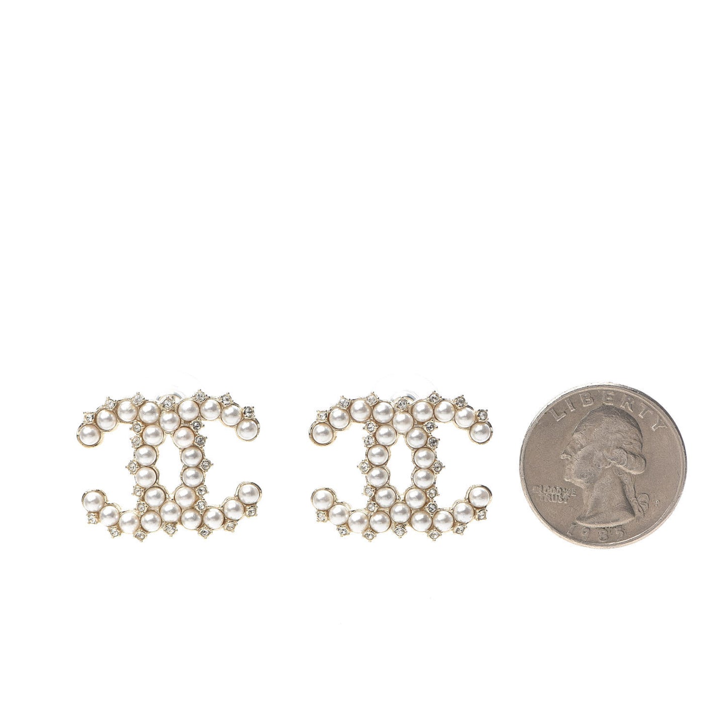 Pearl Crystal CC Stud Earrings Gold