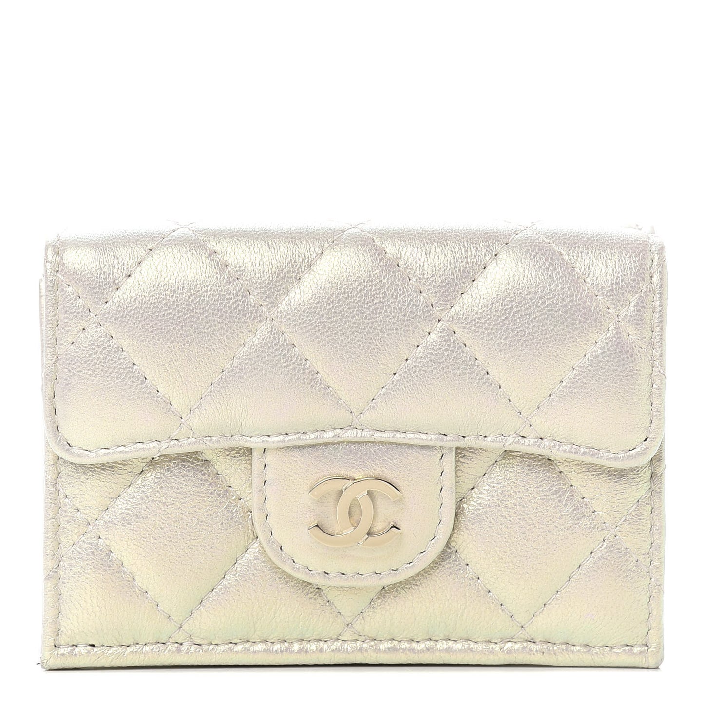 Iridescent Lambskin Quilted Double Flap Wallet Ivory
