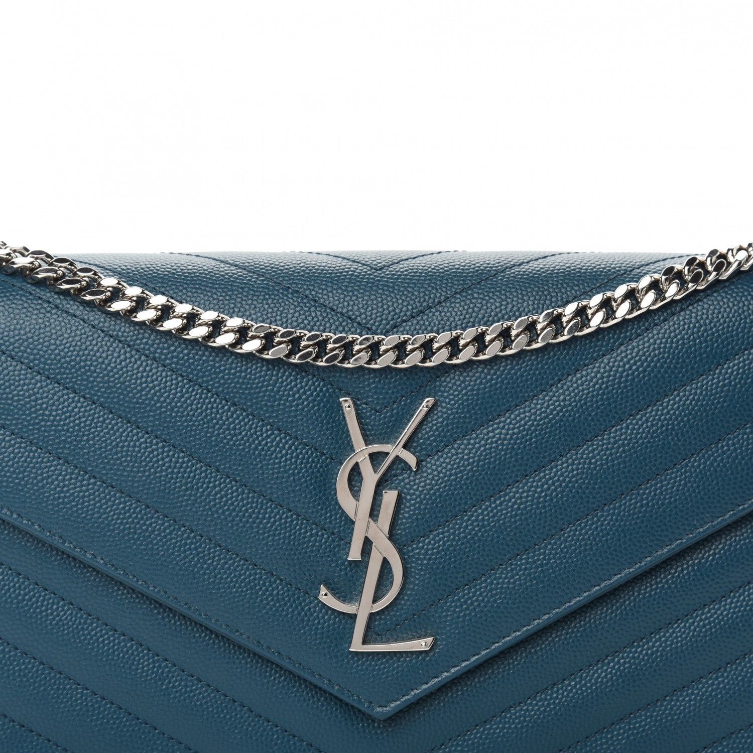 Saint Laurent Grain De Poudre Matelasse Chevron Monogram Chain Wallet Petrol Green 7 of 10