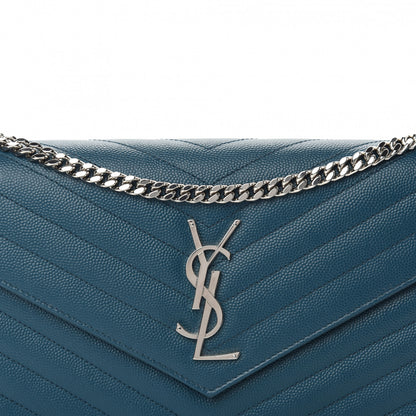 Saint Laurent Grain De Poudre Matelasse Chevron Monogram Chain Wallet Petrol Green 7 of 10