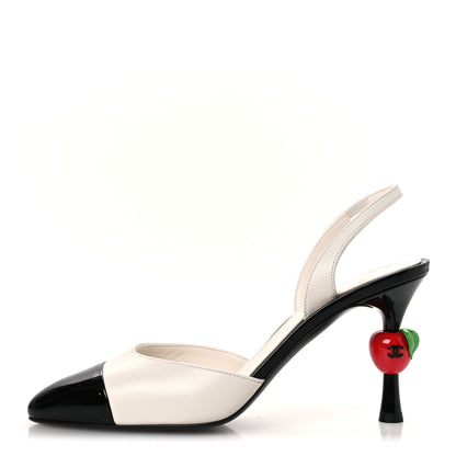 Chanel Lambskin Patent Calfskin Cap Toe CC Apple Slingback Pumps  39 White Black 1 of 11