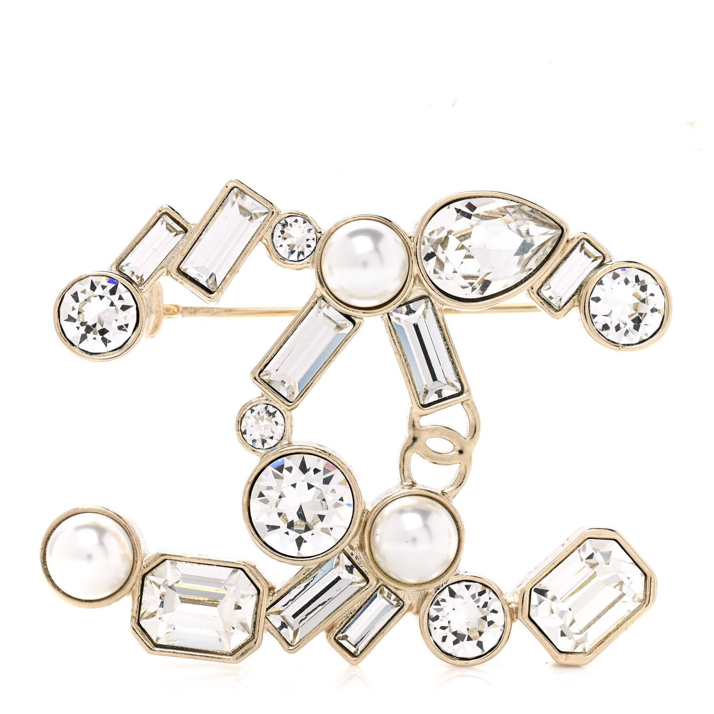 Crystal Baguette Pearl CC Brooch Gold