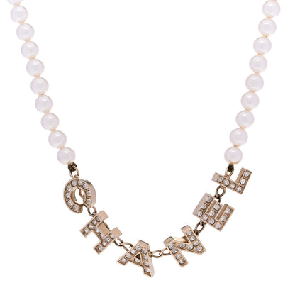 Chanel Pearl Crystal CC Logo Short Necklace Gold 1 of 6
