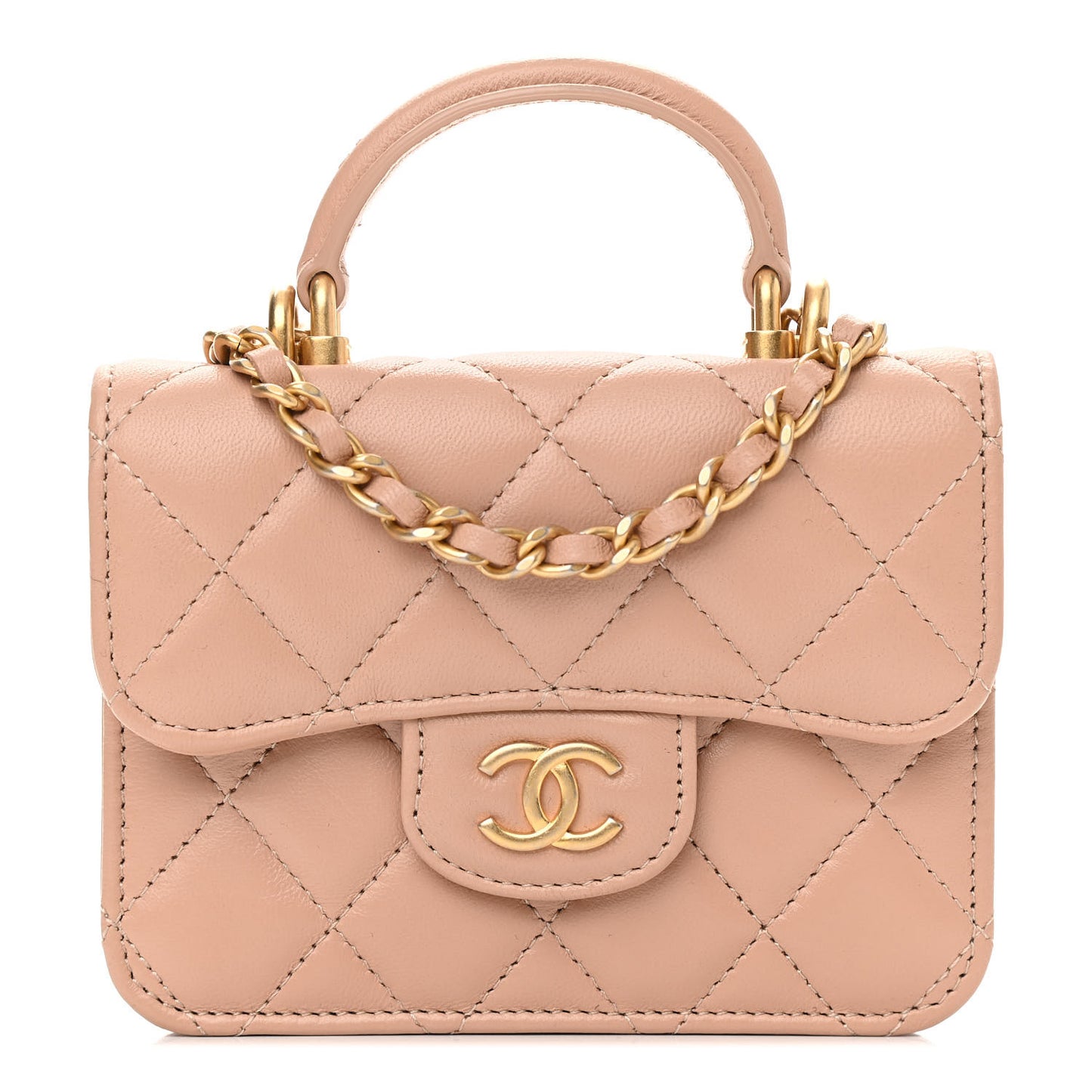 Lambskin Quilted Top Handle Flap Coin Purse With Chain Beige