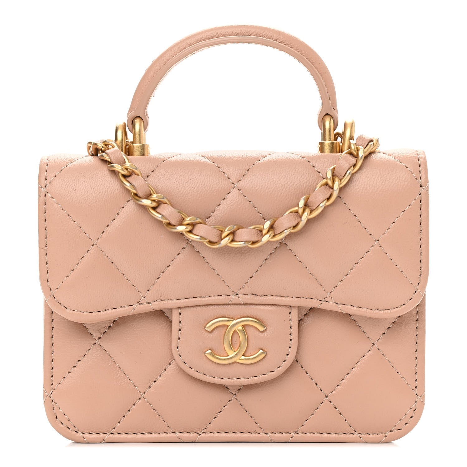 Chanel Lambskin Quilted Top Handle Flap Coin Purse With Chain Beige 1 of 13