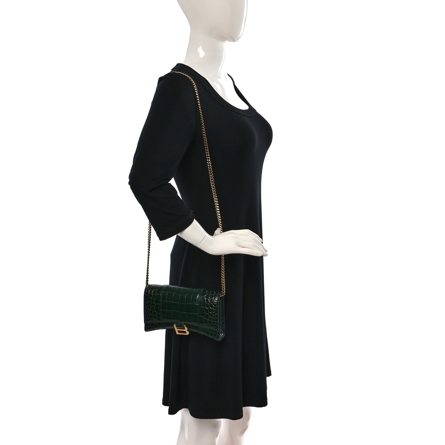 Shiny Calfskin Crocodile Embossed Hourglass Chain Bag Forest Green