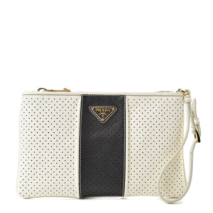 Prada Saffiano Perforated Wristlet White Black 1 of 11