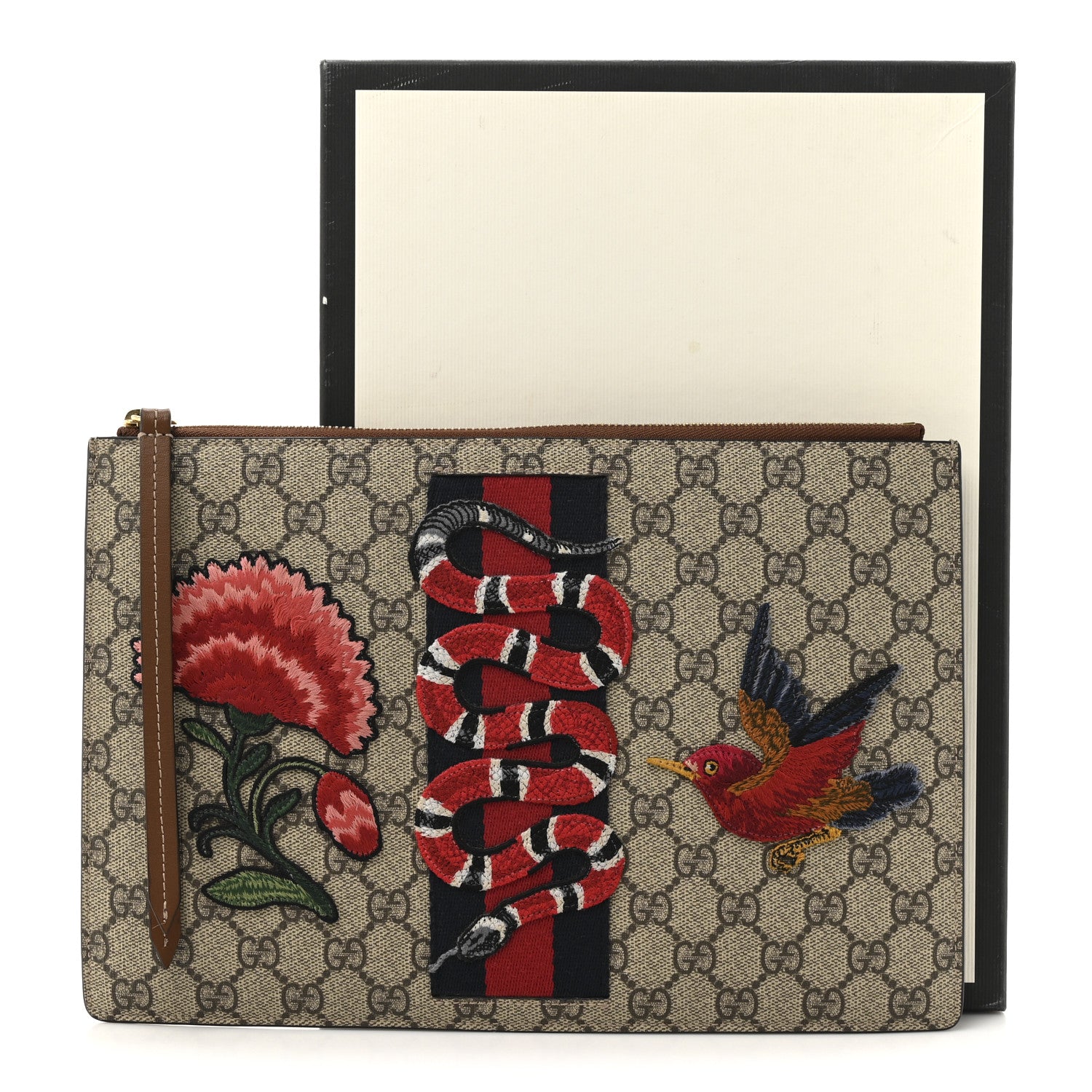 Gucci GG Supreme Monogram Web Kingsnake Embroidered Large Zip Pouch Brown 9 of 9