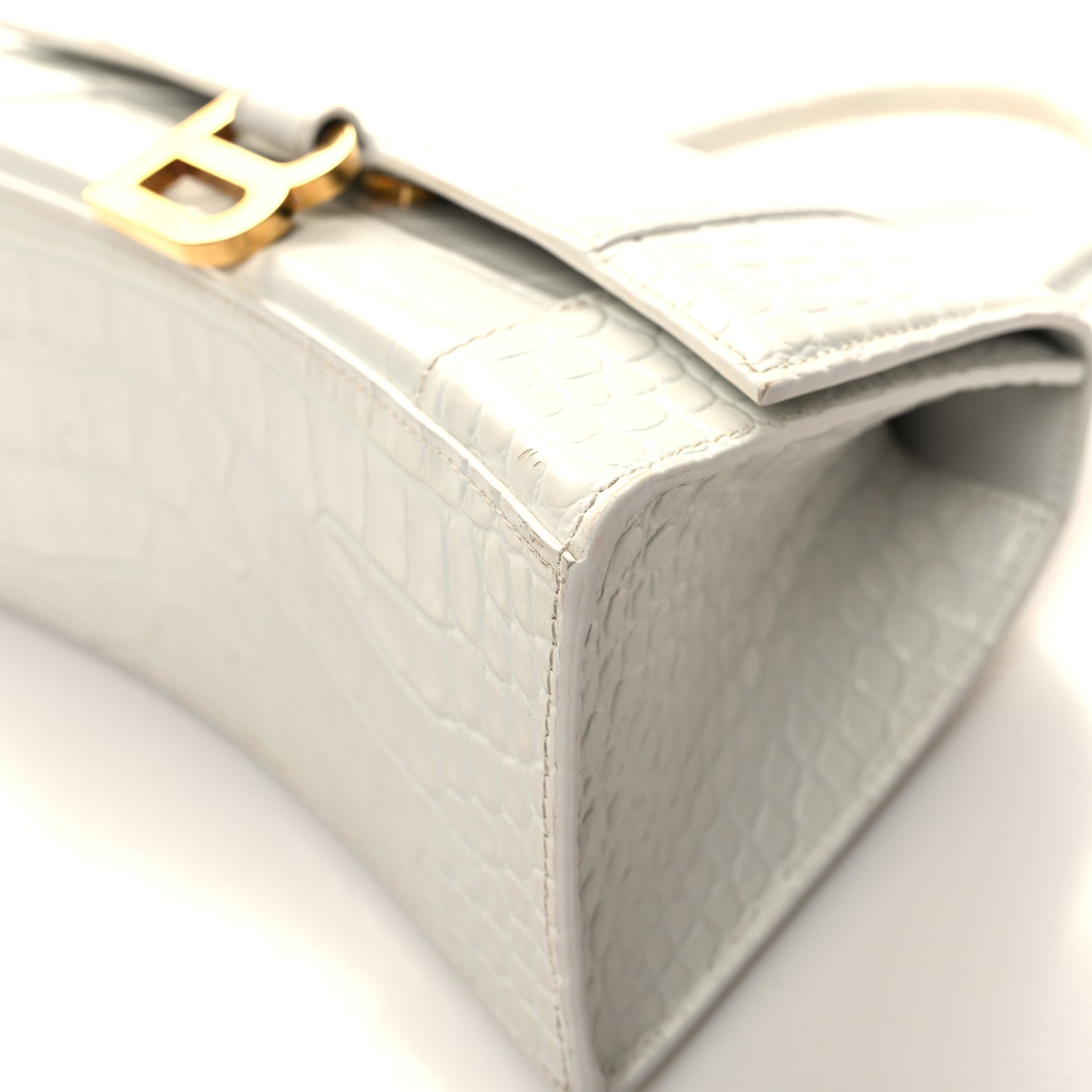 Shiny Calfskin Crocodile Embossed Small Hourglass Top Handle Bag White
