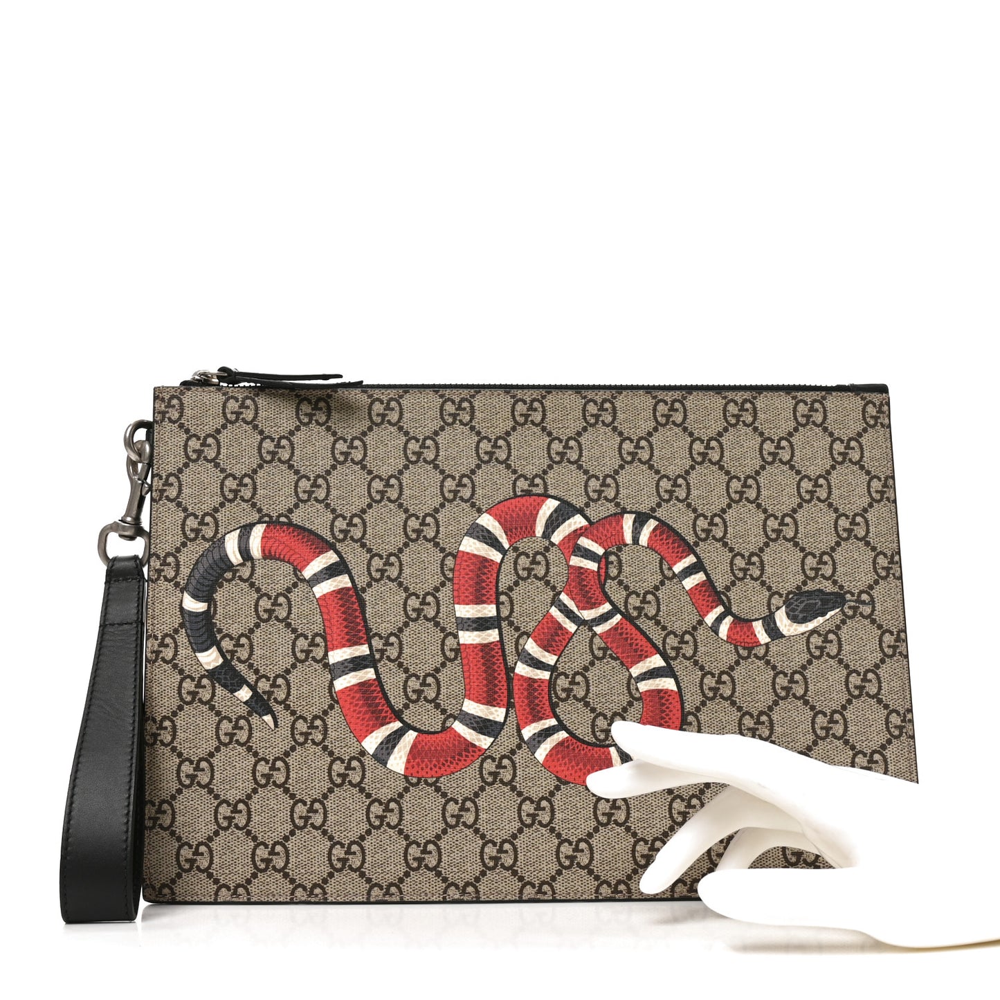 GG Supreme Monogram Kingsnake Zip Wristlet Pouch Beige Black