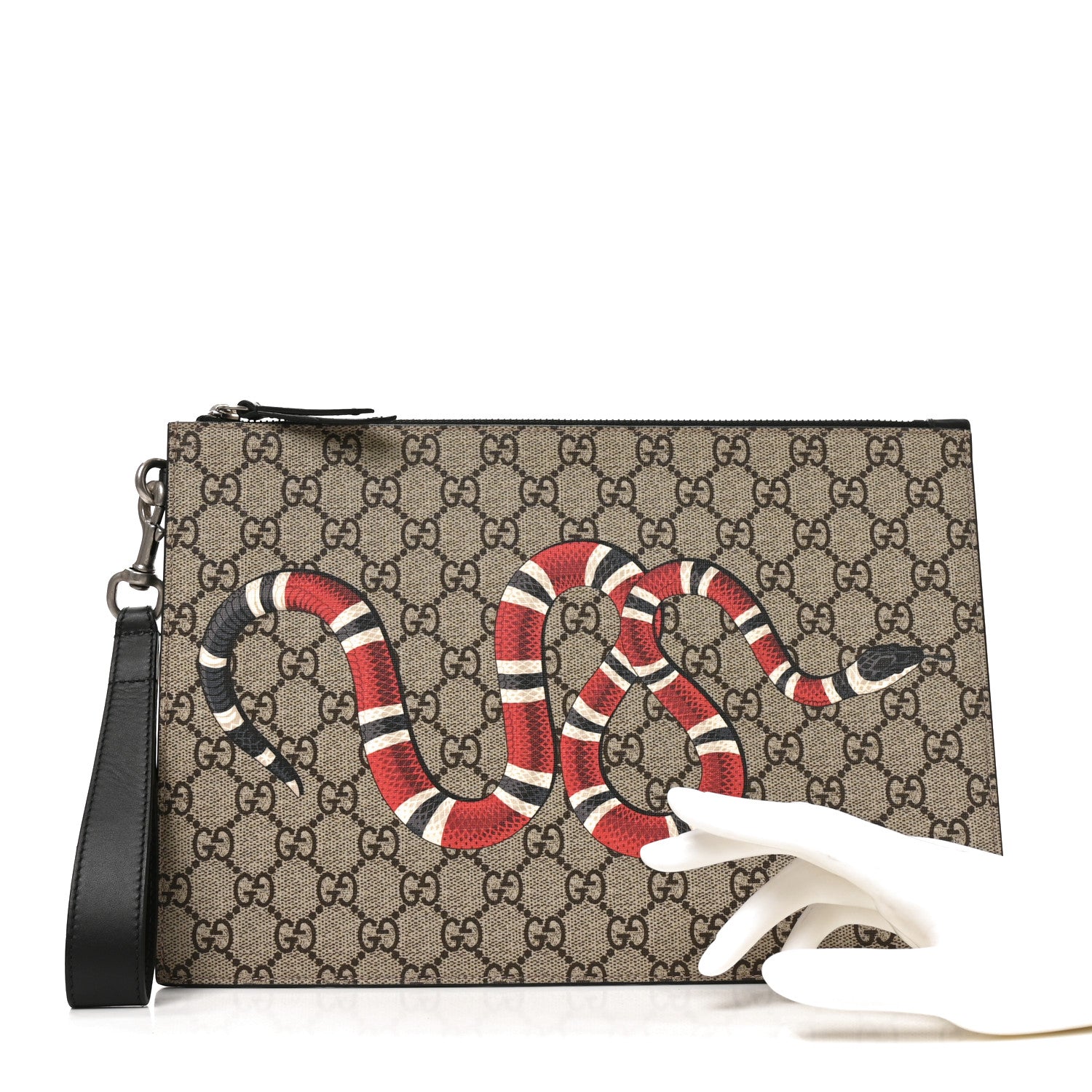 Gucci GG Supreme Monogram Kingsnake Zip Wristlet Pouch Beige Black 2 of 7