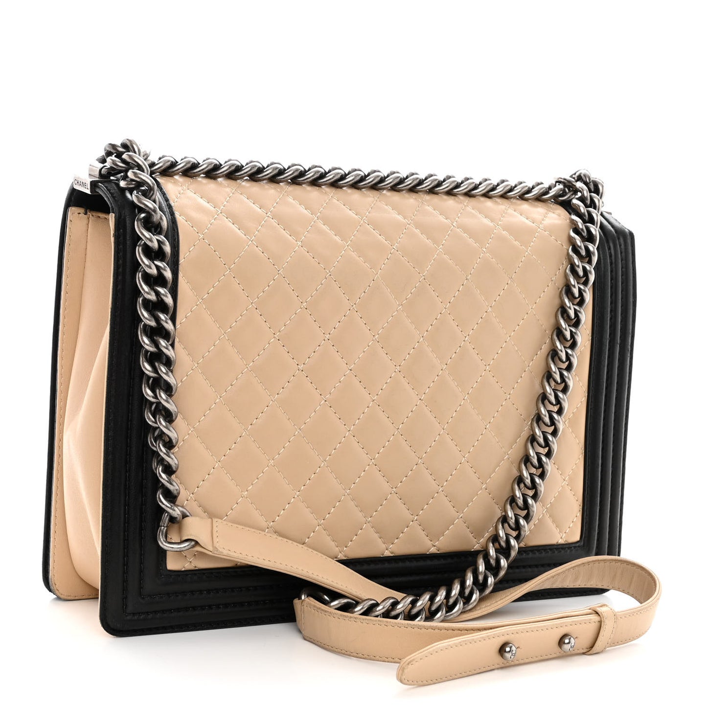 Lambskin Quilted Large Boy Flap Beige Black