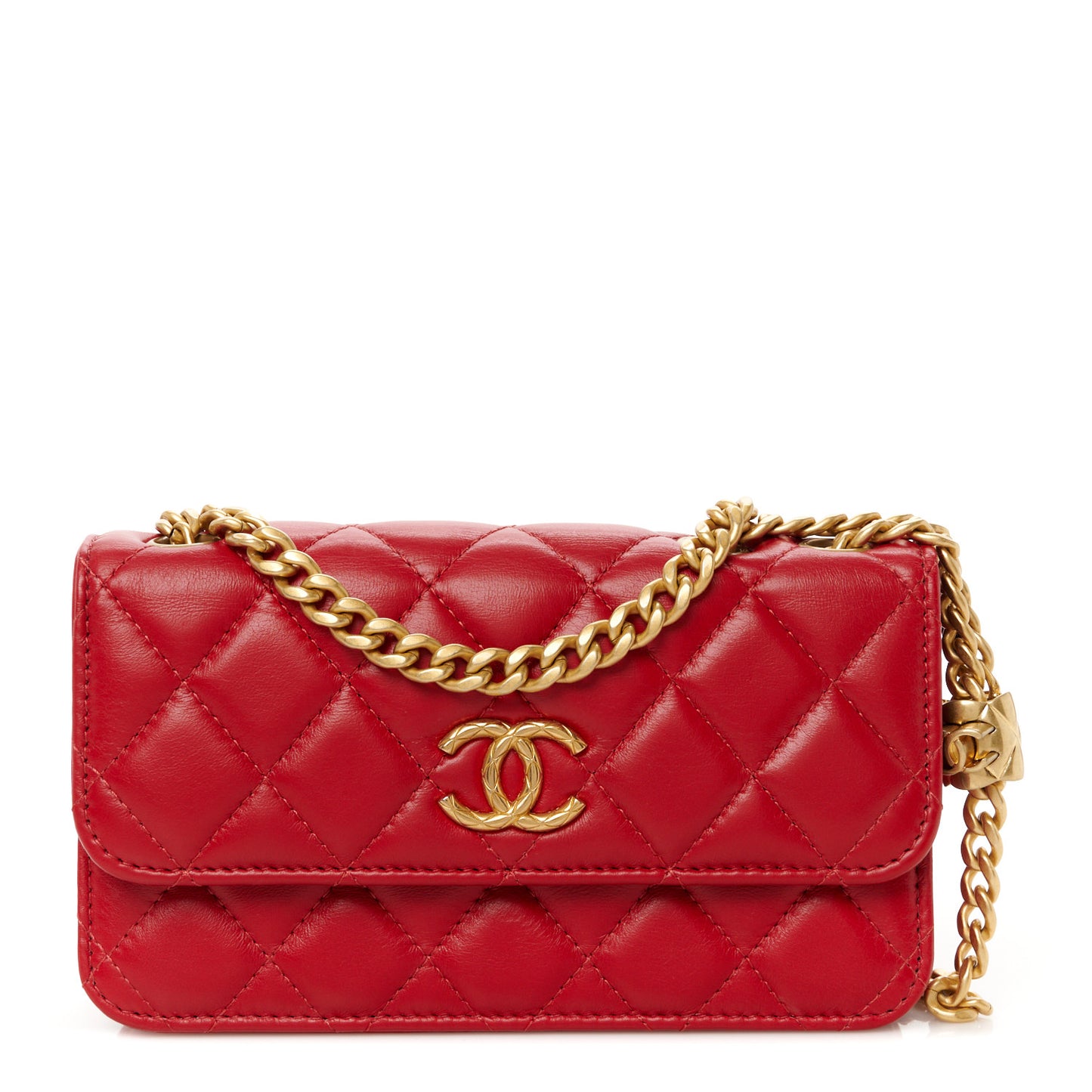 Lambskin Quilted Pillow Crush Flap Phone Holder With Chain Red