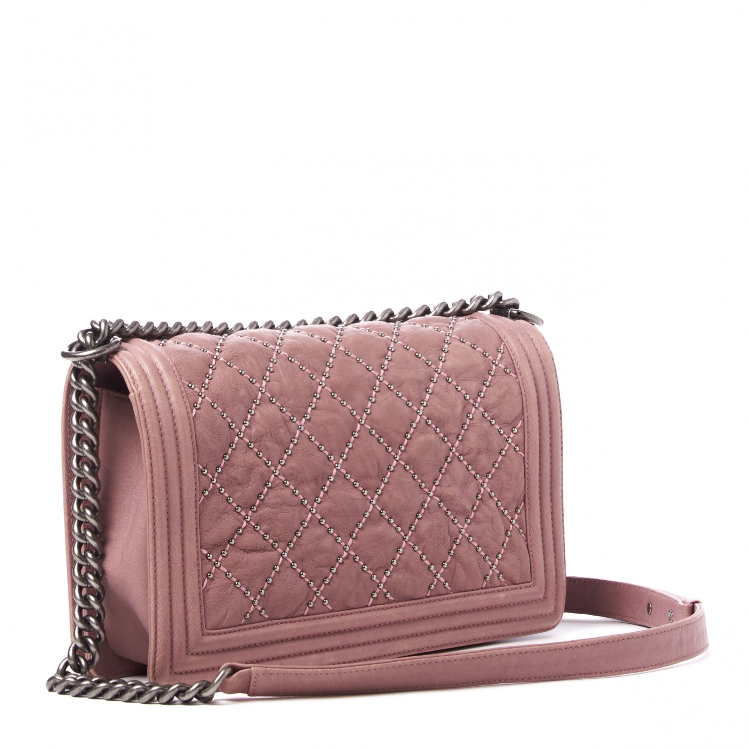 Chanel Crumpled Lambskin New Medium Studded Boy Flap Dark Pink 2 of 10