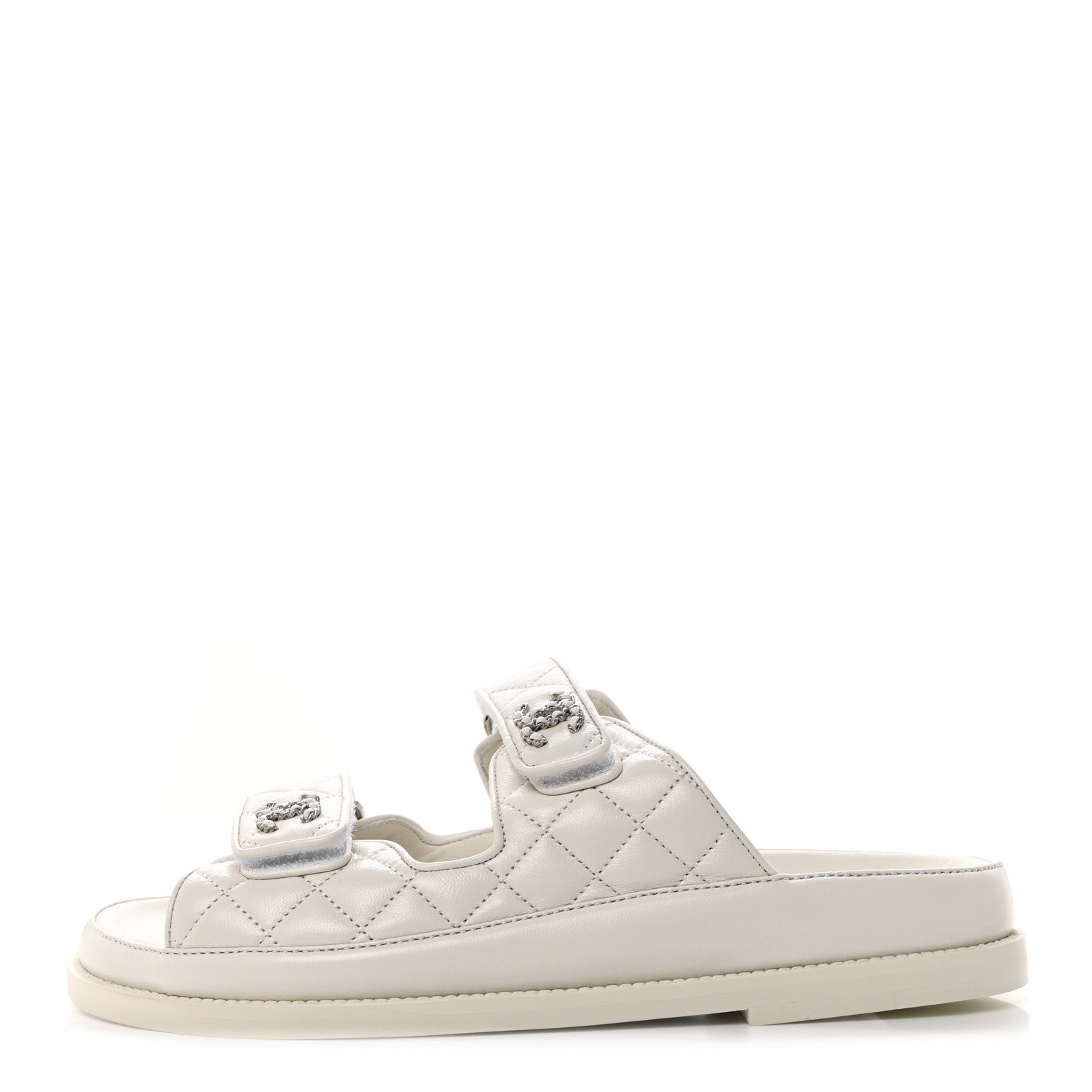 Chanel Lambskin Quilted Velcro Dad Chain CC Slide Sandals 38 White 1 of 9