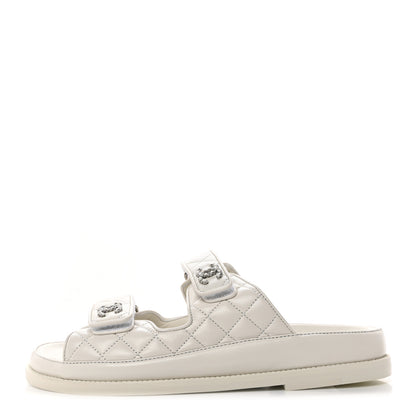 Chanel Lambskin Quilted Velcro Dad Chain CC Slide Sandals 38 White 1 of 9