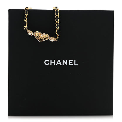 Chanel Metal Lambskin Glass Pearl Strass Heart Choker Gold Black 7 of 7