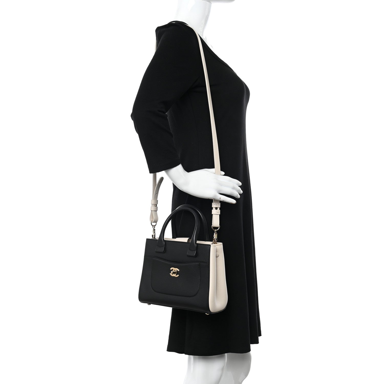 Chanel Grained Calfskin Mini Bi-Color Neo Executive Shopper Tote Black Beige 2 of 12