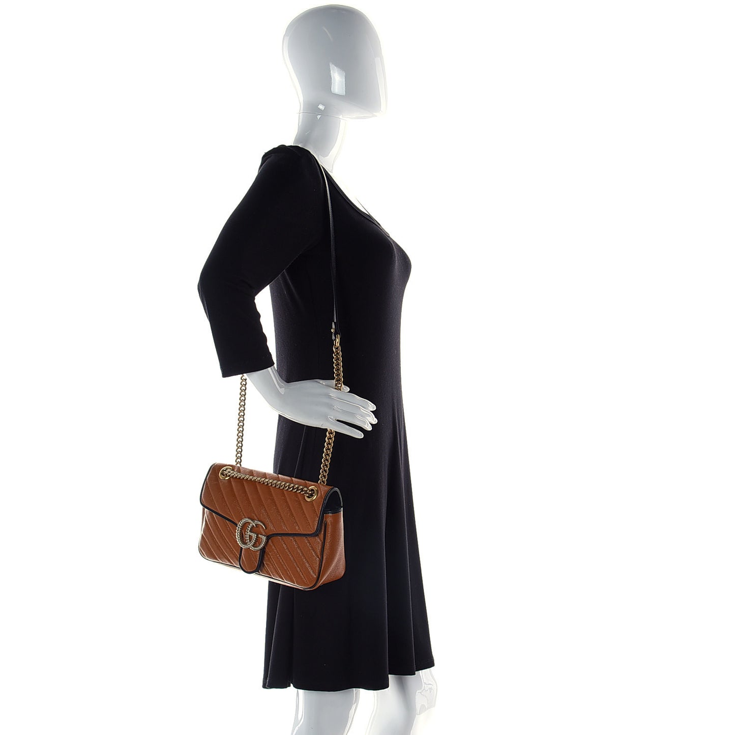 Vintage Effect Calfskin Matelasse Diagonal Small Torchon GG Marmont Shoulder Bag Cognac Black