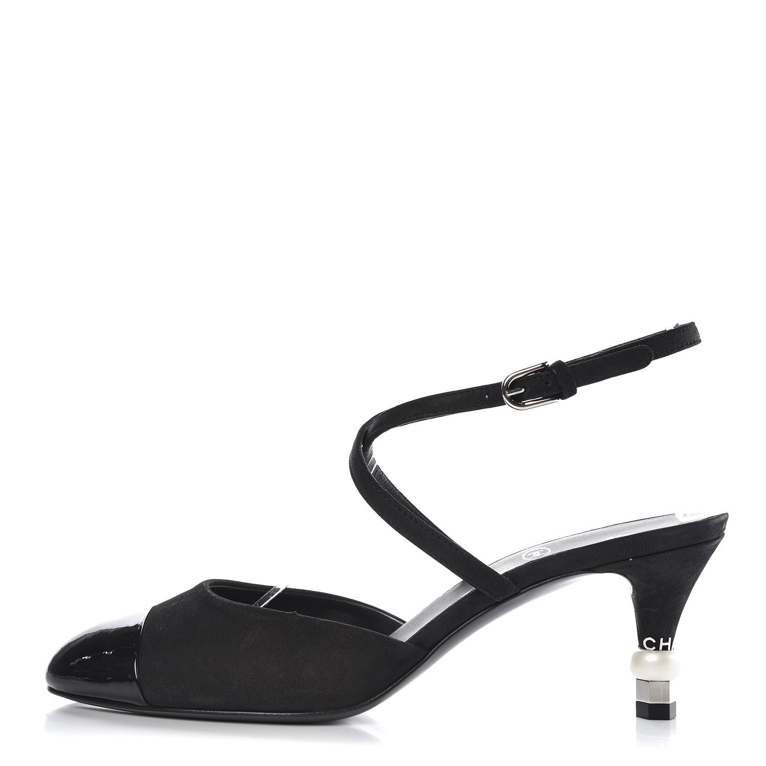 Chanel Suede Patent Cap Toe CC Heels 36.5 Black 1 of 9