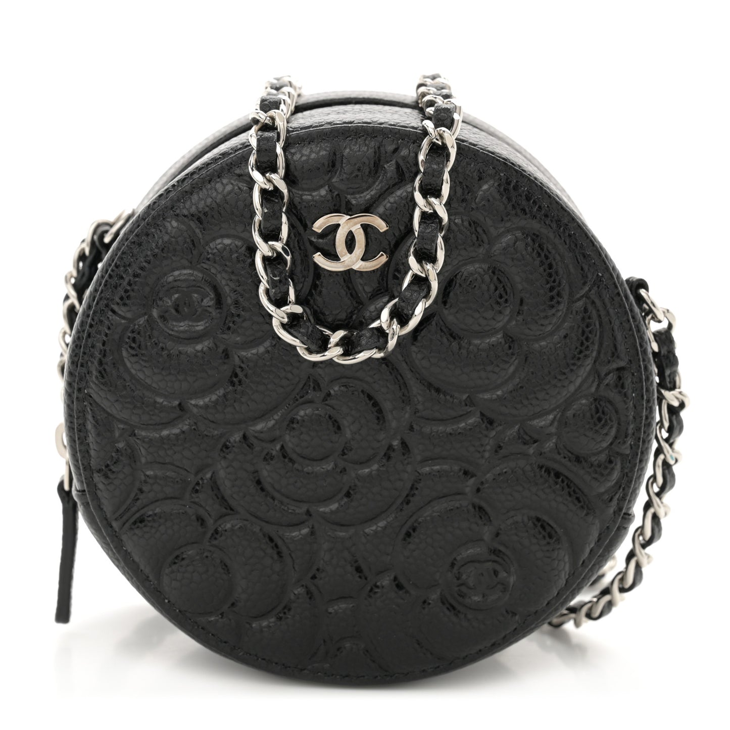 Caviar Camellia Embossed Round Clutch With Chain Black