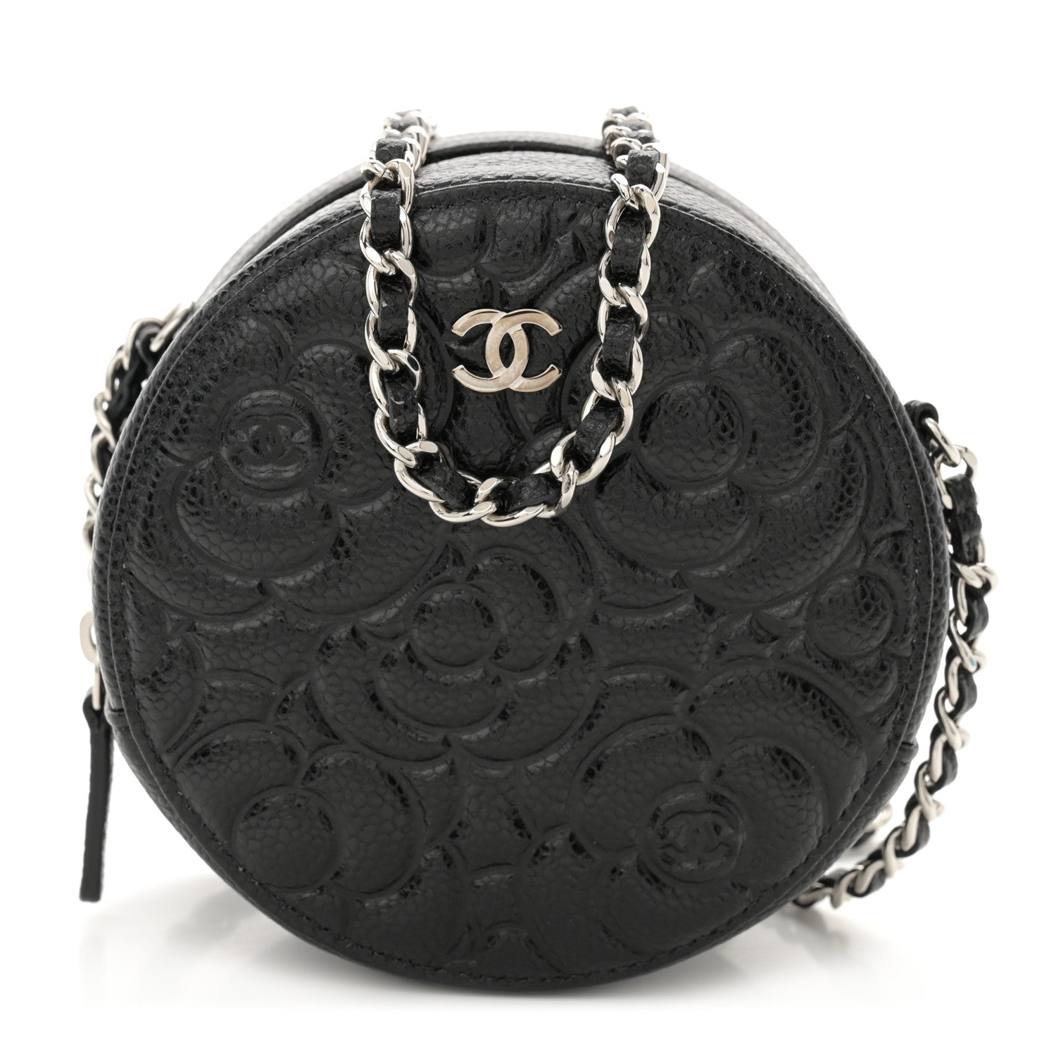 Chanel Caviar Camellia Embossed Round Clutch With Chain Black 1 of 11