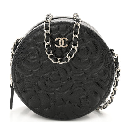 Chanel Caviar Camellia Embossed Round Clutch With Chain Black 1 of 11