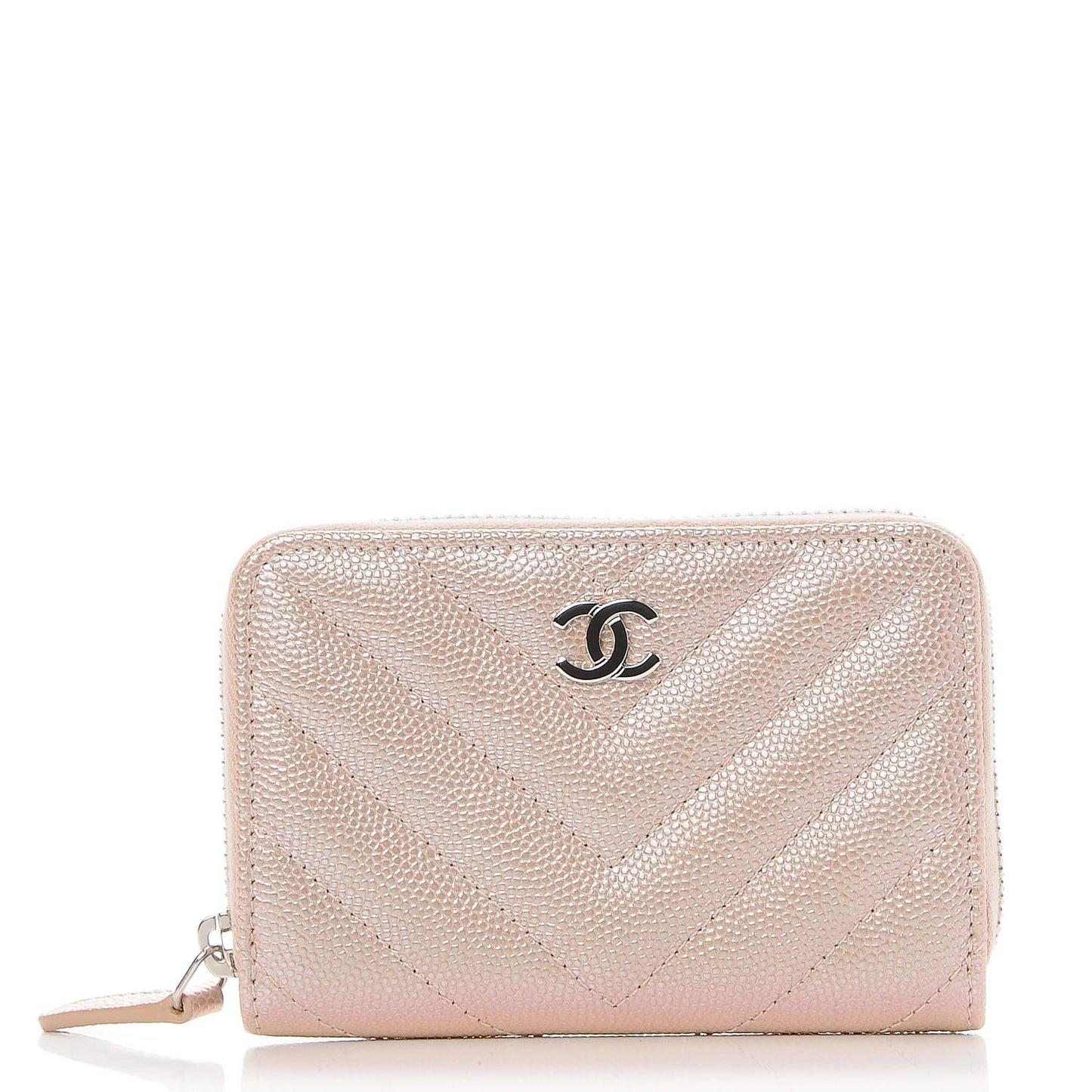 Metallic Caviar Chevron Quilted Zip Around Coin Purse Light Gold
