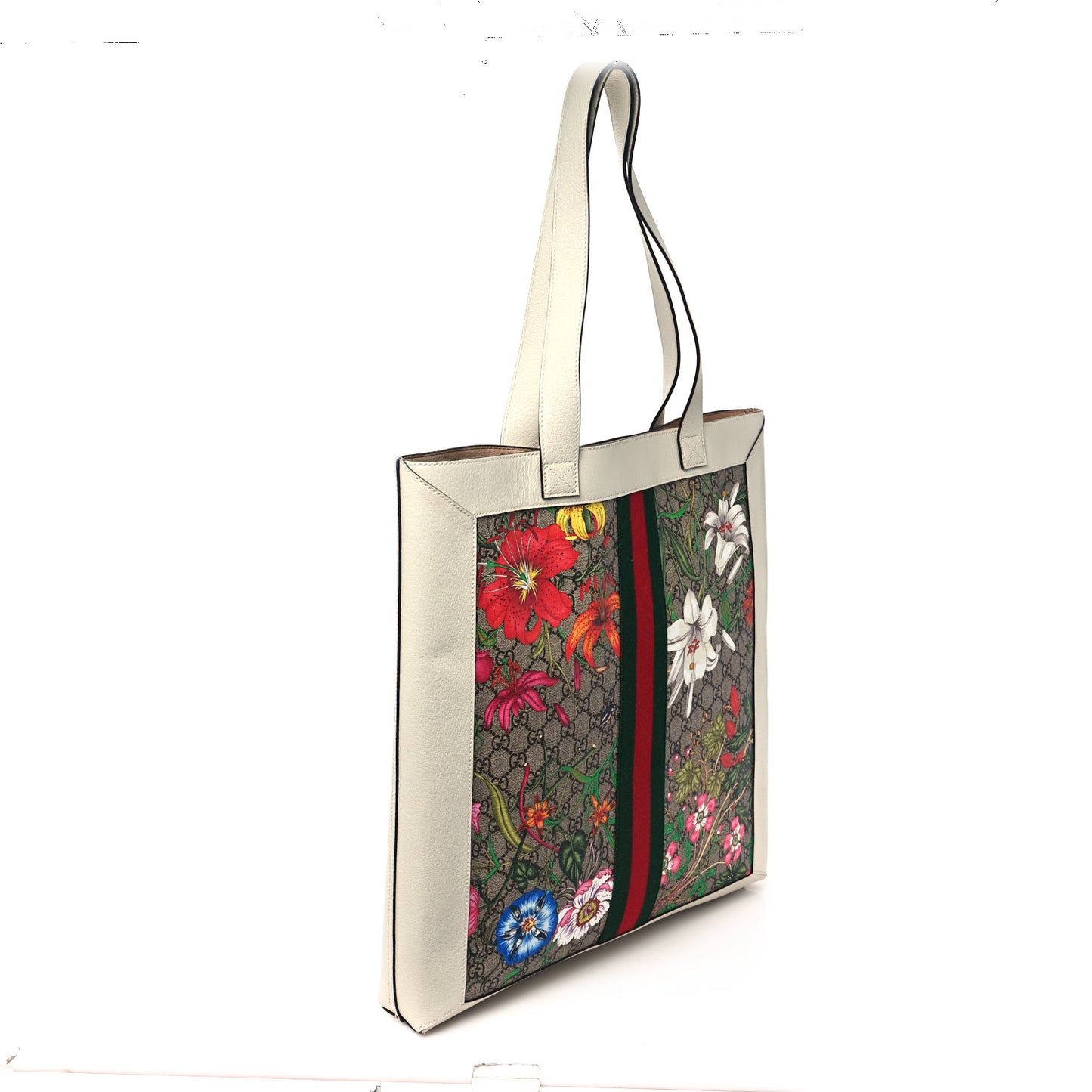 GG Supreme Monogram Flora Web Ophidia Vertical Shopping Tote White