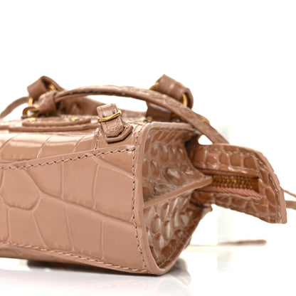 Balenciaga Shiny Supple Calfskin Crocodile Embossed Neo Classic Gold Hardware Super Nano City Crossbody Nude Beige 9 of 9
