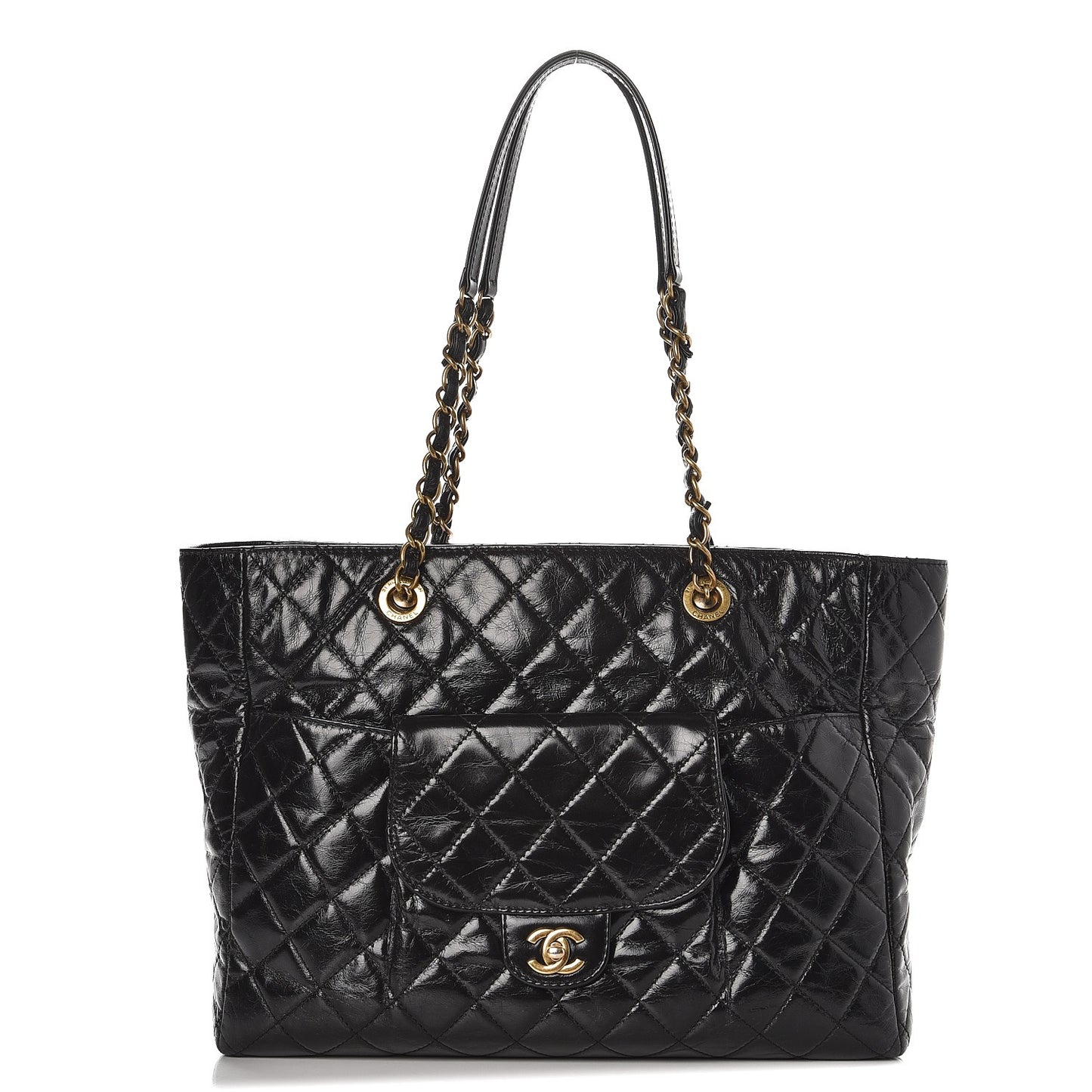 Glazed Calfskin Quilted Large Front Pocket Tote Black