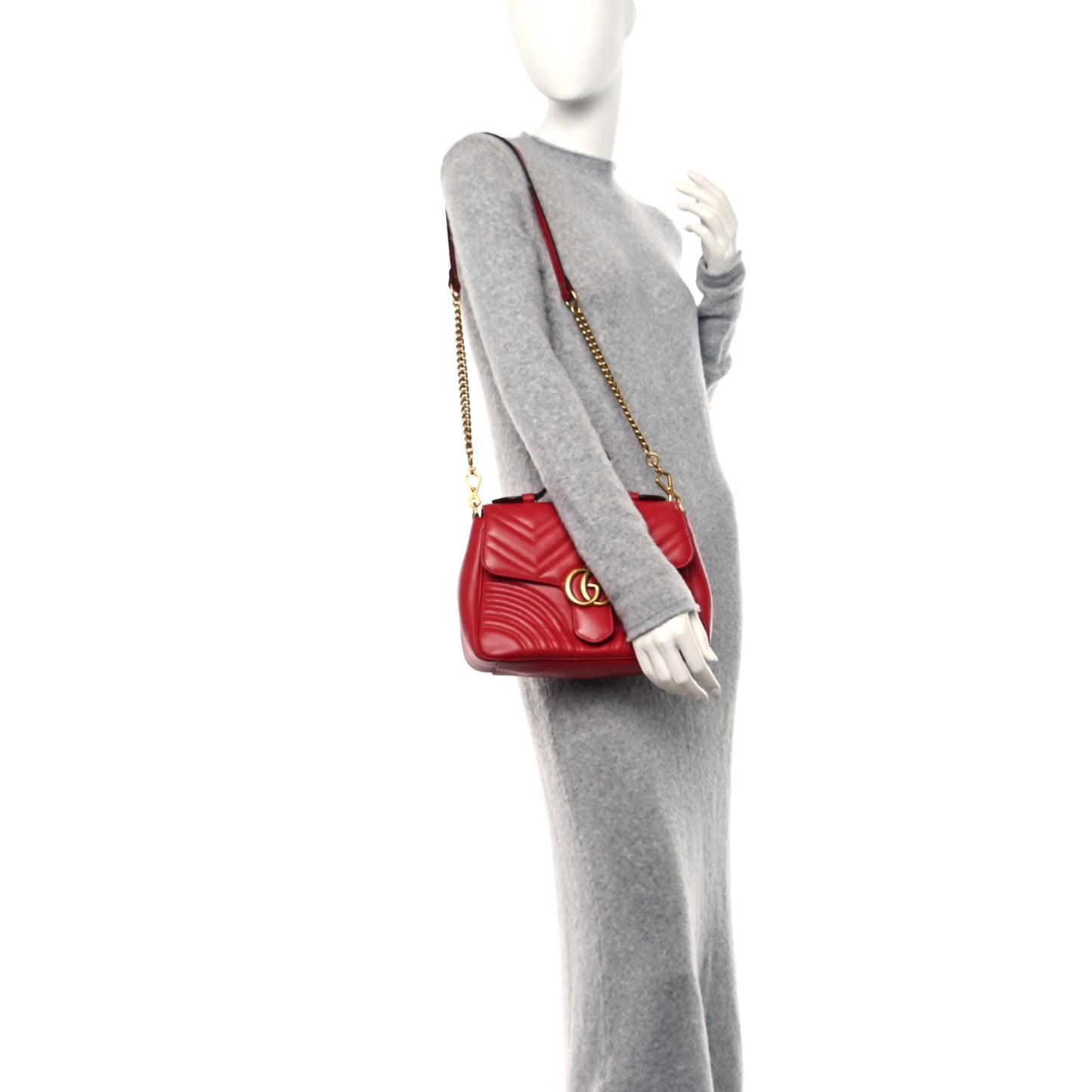 Calfskin Matelasse Sylvie Web Small GG Marmont Top Handle Shoulder Bag Hibiscus Red