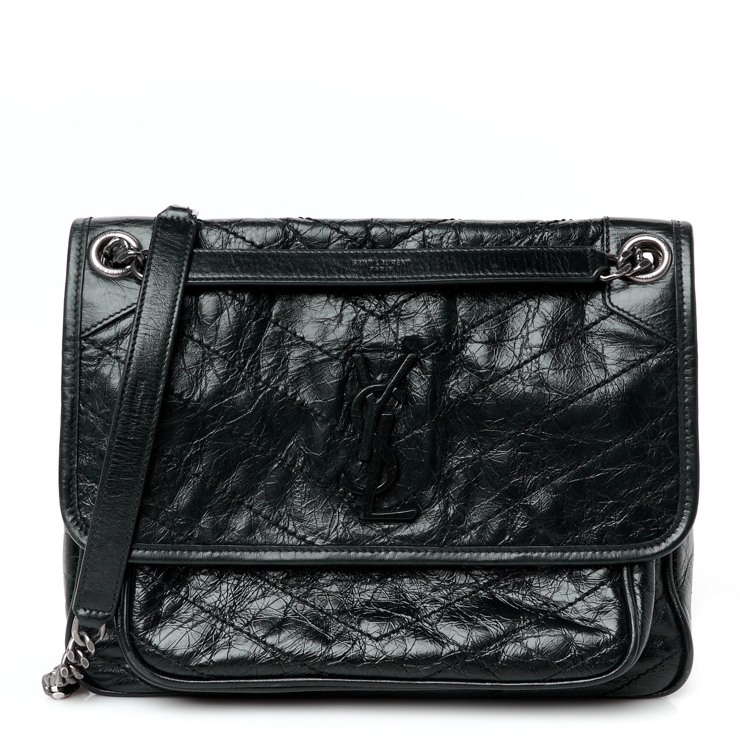 Crinkled Calfskin Matelasse Monogram Medium Niki Chain Satchel Black