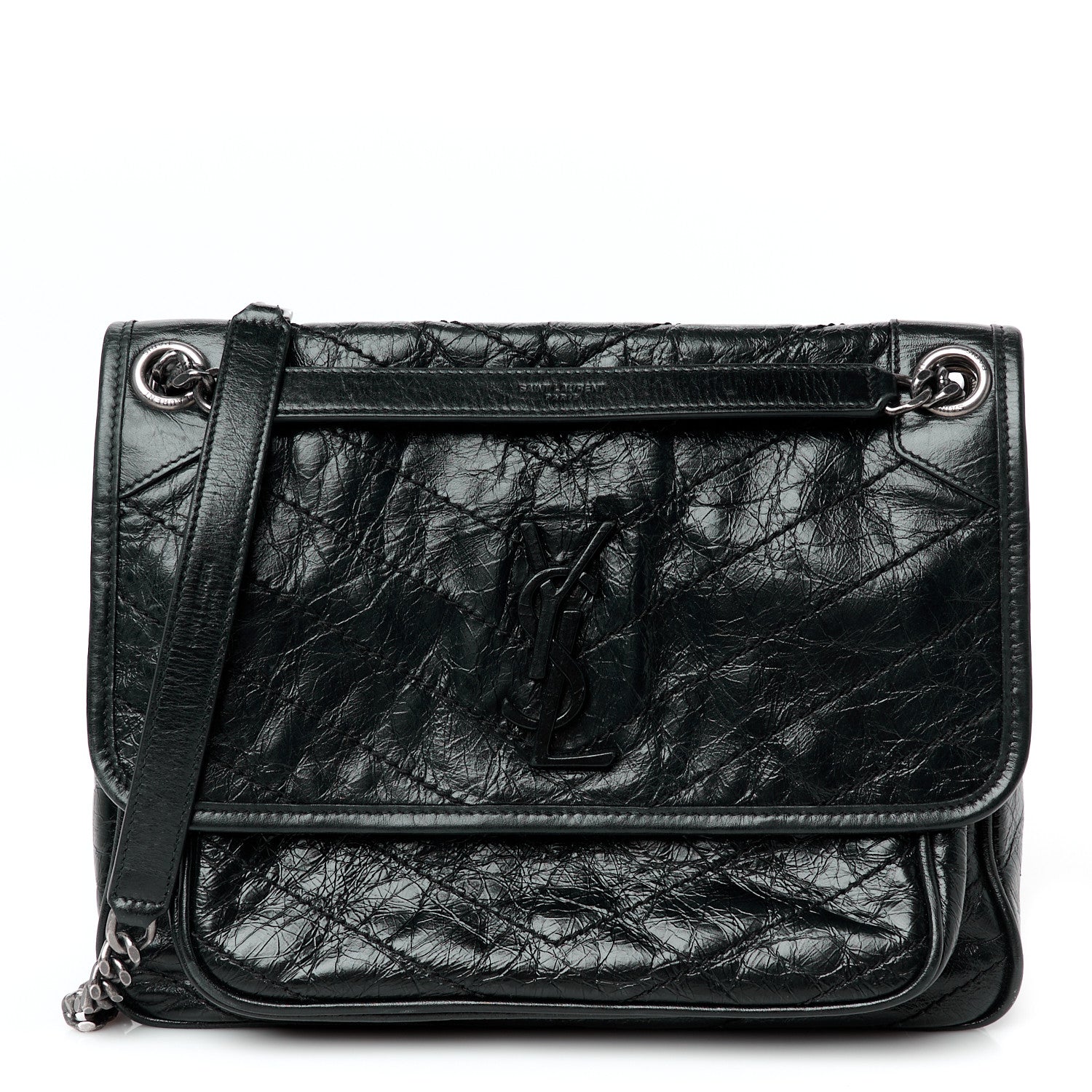 Saint Laurent Crinkled Calfskin Matelasse Monogram Medium Niki Chain Satchel Black 1 of 11