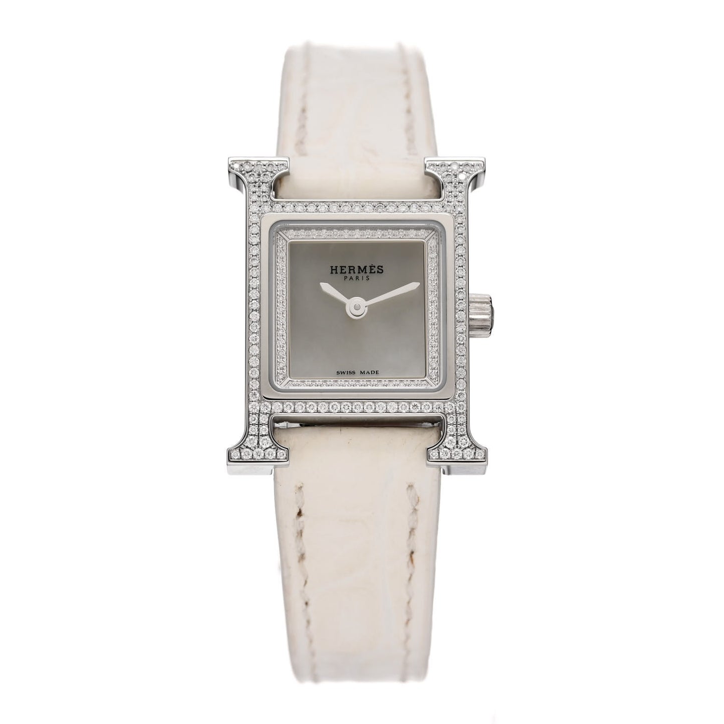 Stainless Steel Alligator Diamond Pave Bezel Mother of Pearl 17.2mm Heure H Hour Quartz Watch Blanc