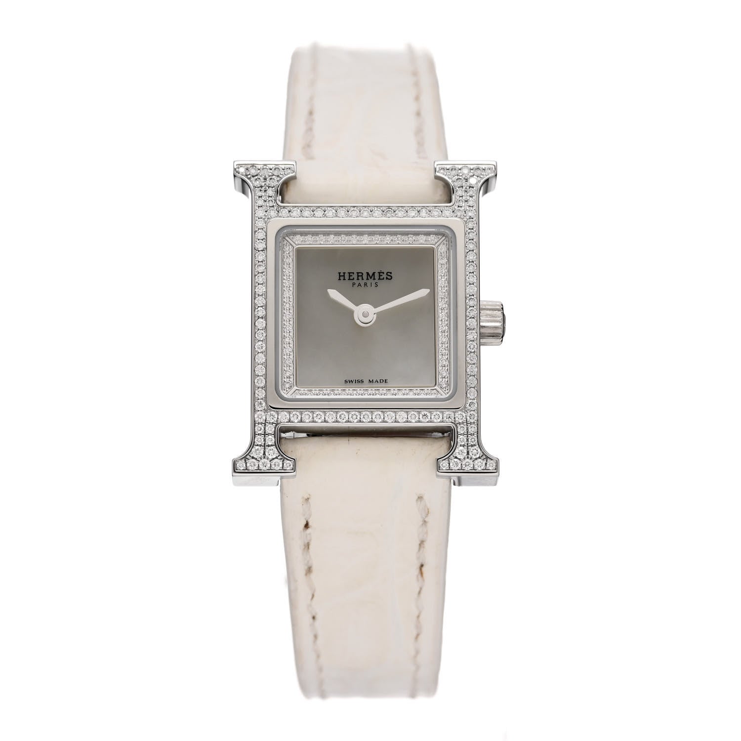Hermes Stainless Steel Alligator Diamond Pave Bezel Mother of Pearl 17.2mm Heure H Hour Quartz Watch Blanc 1 of 5