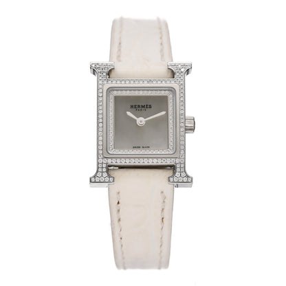 Hermes Stainless Steel Alligator Diamond Pave Bezel Mother of Pearl 17.2mm Heure H Hour Quartz Watch Blanc 1 of 5