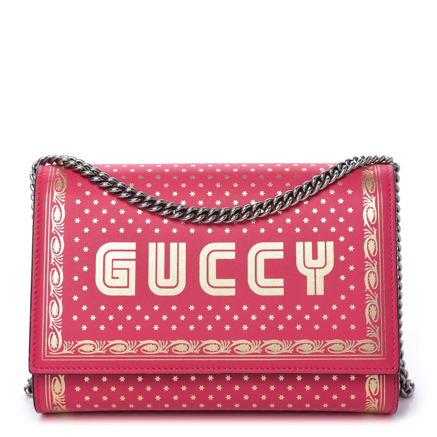 X SEGA Calfskin GUCCY Stars Chain Wallet Violet Fuxia Gold