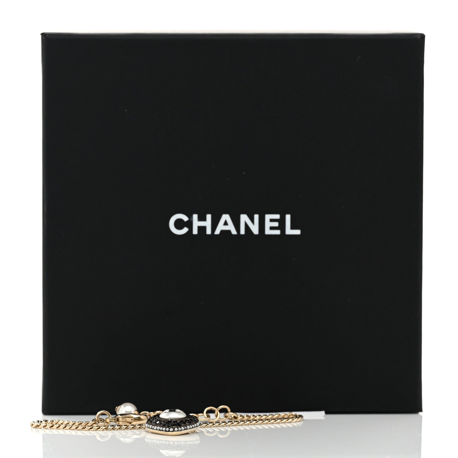 Chanel Crystal Pearl Chain Heart Bracelet Gold Black 6 of 6