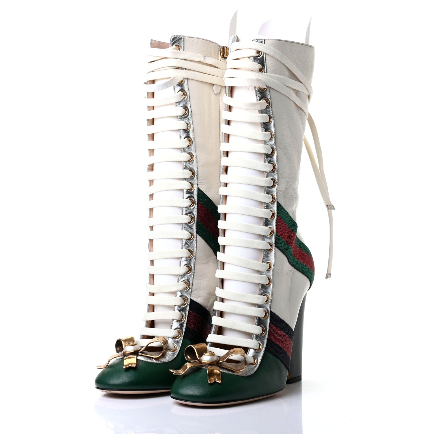 Gucci Malaga Kid Lace Up Boots 40.5 White Bright Evergreen 3 of 10